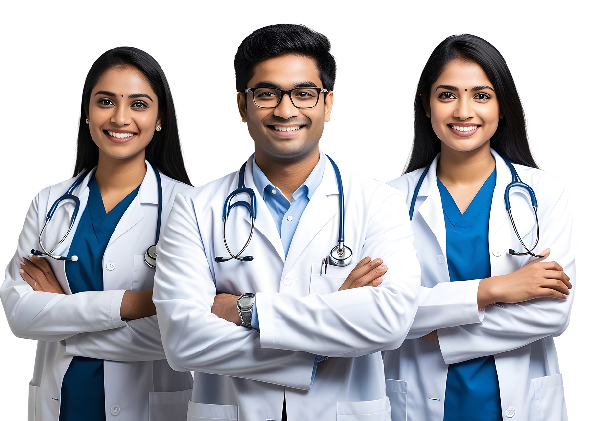 Three MediBuddy doctors standing with their arms crossed